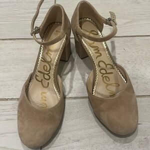 Sam Edelman Clover Suede Block Heel Ankle Strap Pumps Oatmeal Beige 6